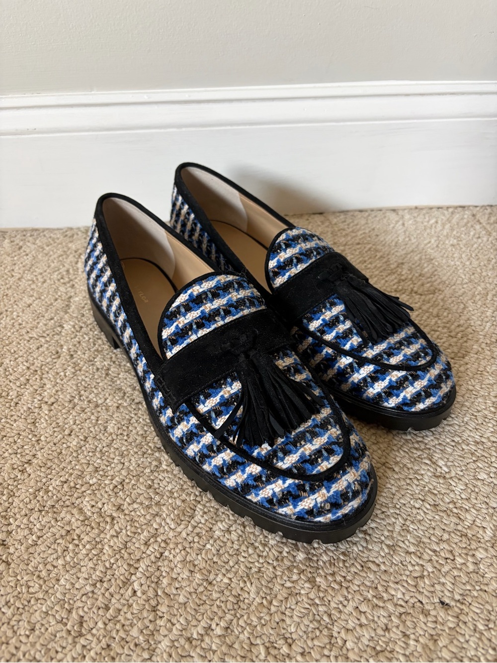 Ann Taylor Blue & Black Tweed Tassel Loafers